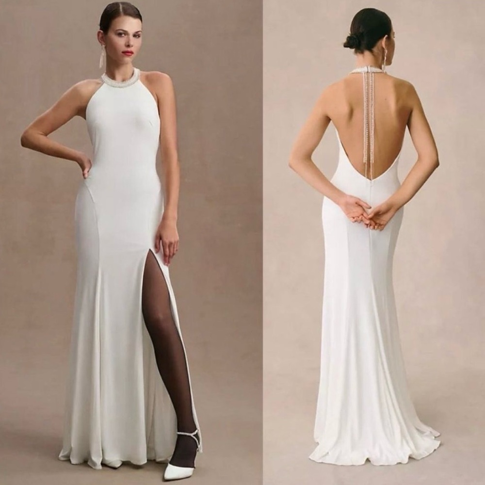 Mac Duggal Womens 0 Dress White Beaded Halter Jersey Gown Side Slit Sleeveless